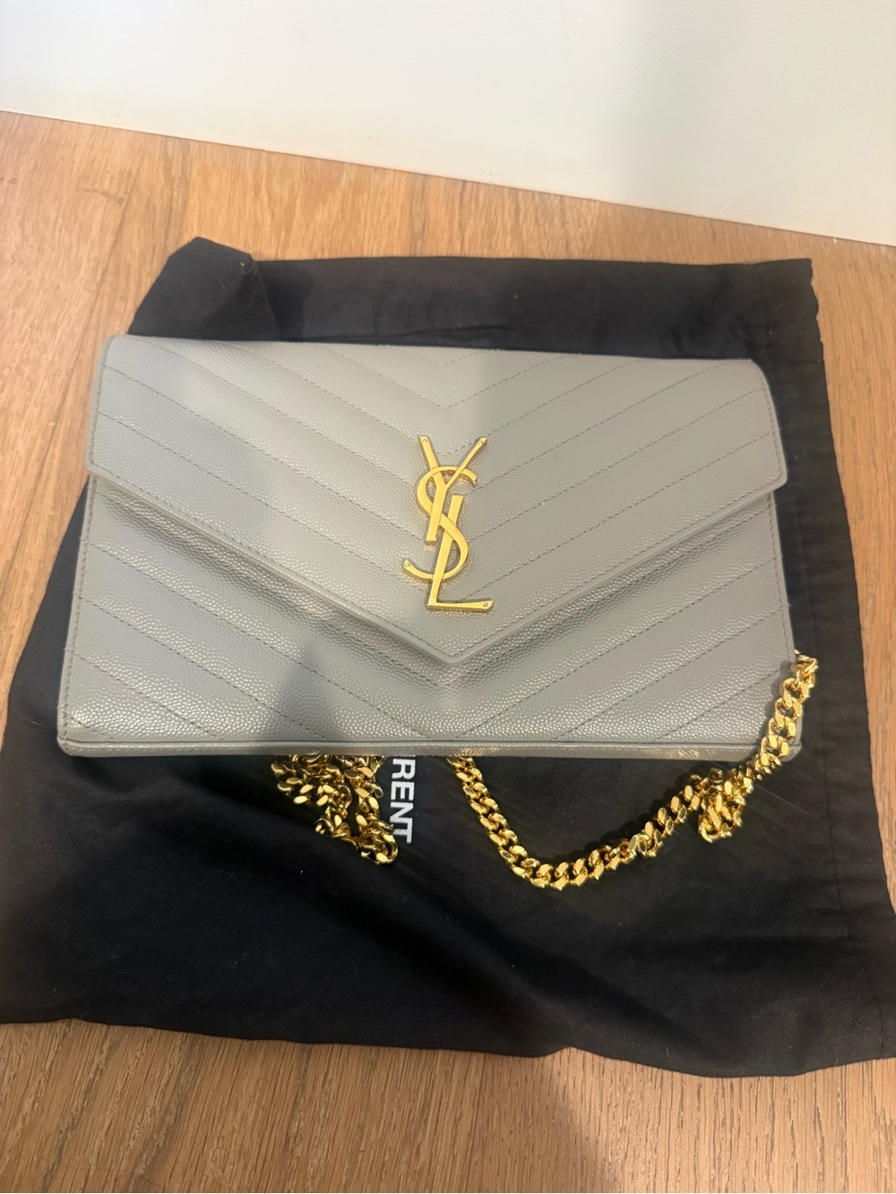 Saint Laurent Grey Leather Envelope Crossbody with Gold Chain